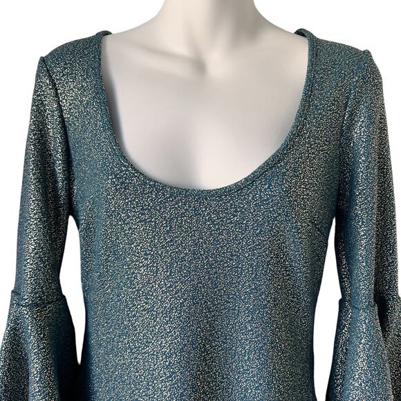 Venus Party Dress Medium Teal & Metallic Gold Asymmetrical Flare Sleeve Holiday - Picture 15 of 16